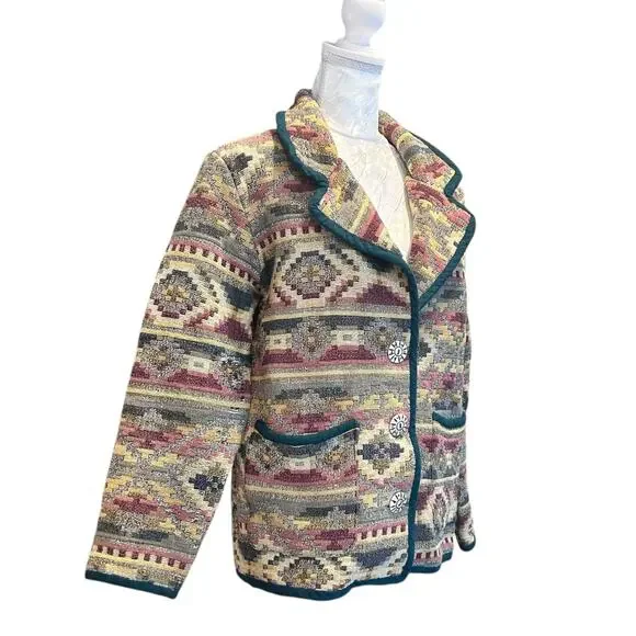 Vintage Patchwork Blazer Womens Size LP Tan Stripe Cotton Aztec Southwestern - Picture 3 of 16